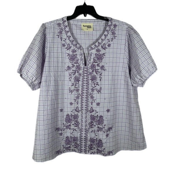 Savanna Jane Tops - Savanna Jane Gingham Embroidered Seersucker Puff Sleeve Top 3X Lavender Boho